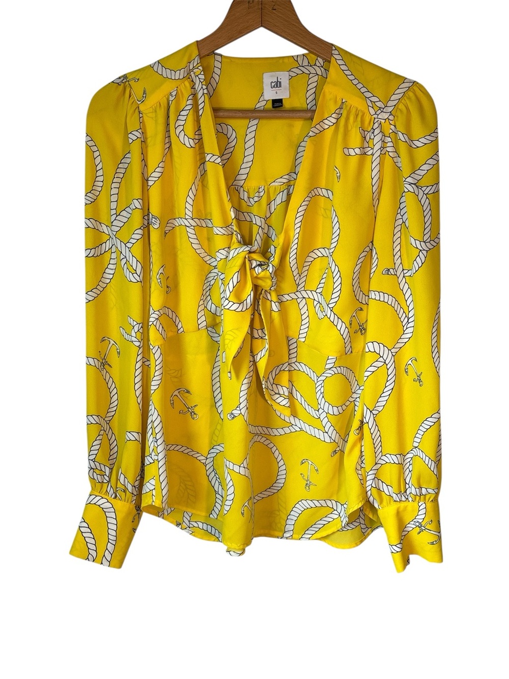 Cabi Women's Sz S Nautical Yellow Reef Knot Blouse Resort Travel Semi-Sheer